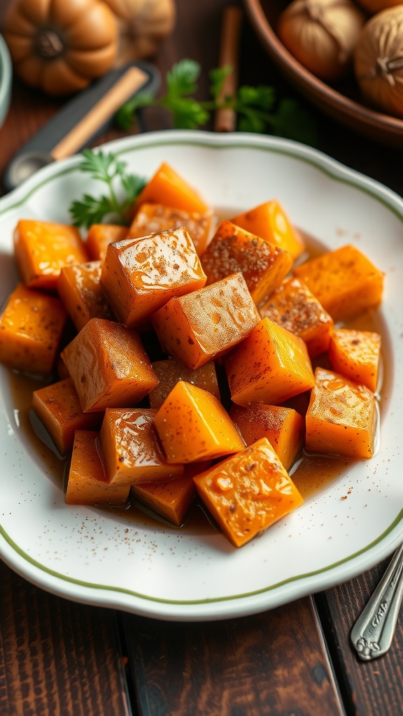 Baked yams on a plate, drizzled with syrup, garnished with parsley, on a wooden table.